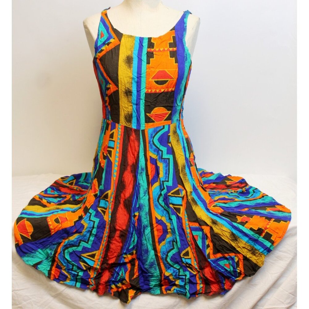 Vtg 90s Samson & Co Geometric Abstract Tank Dress Twirl Casual Party Club Medium